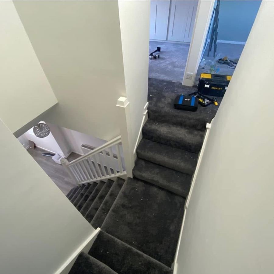 Stairwell with new carpet and fresh paint